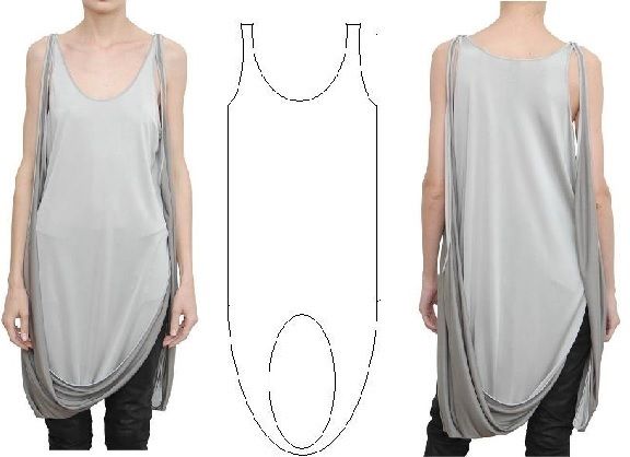 the image shows a light grey sleeveless tank top with draped fabric. it includes front and back views of the garment. a pattern outline of the shirt is displayed in the middle. the models are wearing the top over black bottoms.