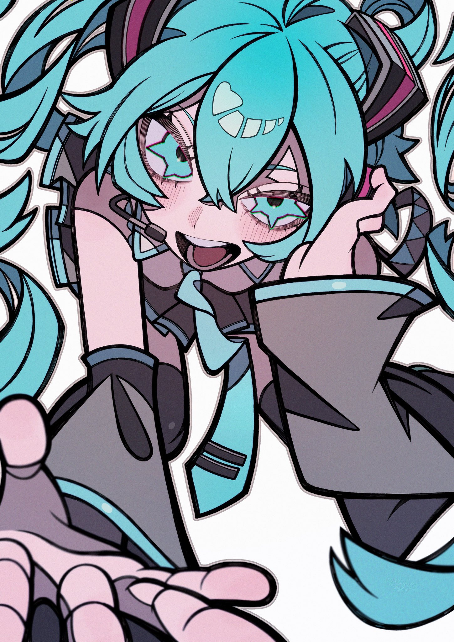this is a cartoon drawing of a young anime girl with blue hair and green eyes. she is wearing black clothes and headphones. she has a big, friendly smile and her arm is outstretched with an open hand. she seems to be reaching out for something or someone. the background is white.