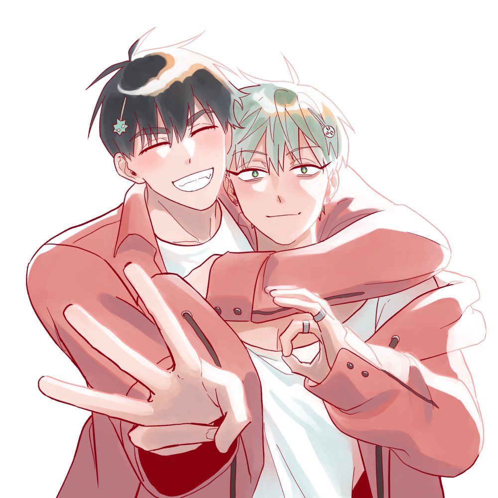 the image is of two anime boys, one with black hair and one with green hair, hugging each other. they are both smiling and look happy. they are wearing casual clothing, and their style is cute and adorable. the background is white.  the drawing is stylized and has a soft and delicate look.