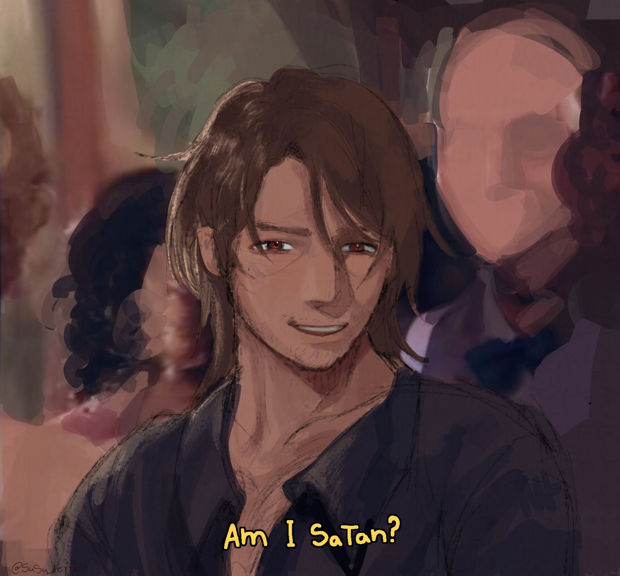 a digital drawing of a man with brown hair and red eyes smirking. he has a light brown complexion. he's wearing a black jacket and shirt. the text "am i satan?" is written in yellow at the bottom of the image. the background is blurred and features people at a party. it looks like the scene is taking place in a night club. the man is the main focus of the image.
