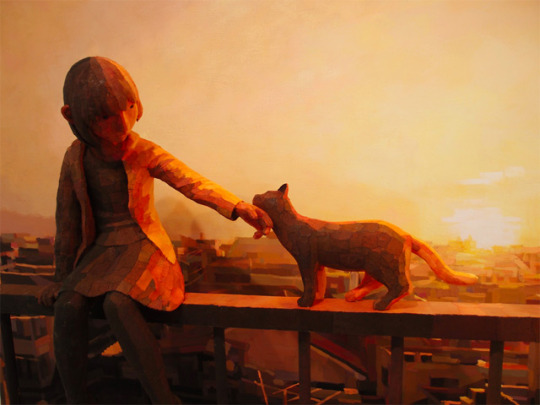 the painting depicts a young girl sitting on a rooftop at sunset, gently petting a cat. the girl and cat are silhouetted against the warm, orange glow of the setting sun, which casts long shadows across the cityscape in the background. the style of the painting is stylized and somewhat abstract, with the figures and background composed of geometric shapes and blocks of color.