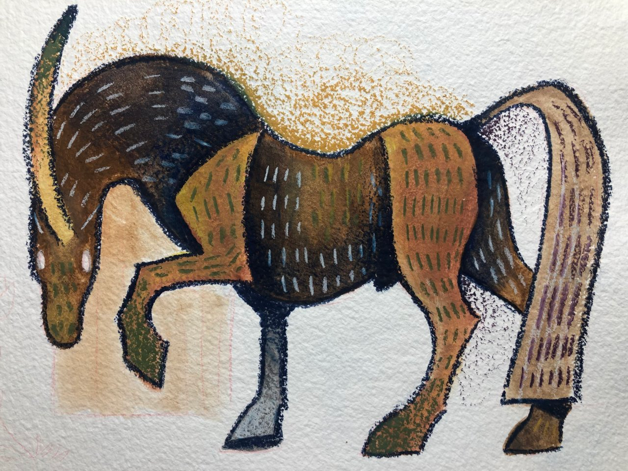the image is an illustration of a horse. the horse is brown and tan with a black mane and tail. the horse is standing with its left leg raised. the style of the illustration is simple and somewhat abstract.