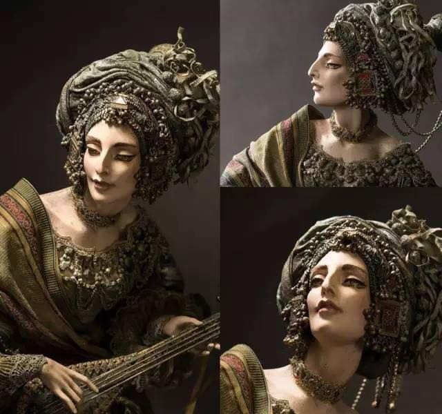 the image shows a collage of three portraits of a woman in an ornate costume playing a stringed instrument. she is wearing a large, decorative headpiece with intricate detailing and draped fabric, and a gown with similar ornate embellishments. the jewelry includes a necklace and earrings. the instrument appears to be a lute or similar stringed instrument. the overall style and aesthetic suggest an antique, possibly middle eastern, theme.