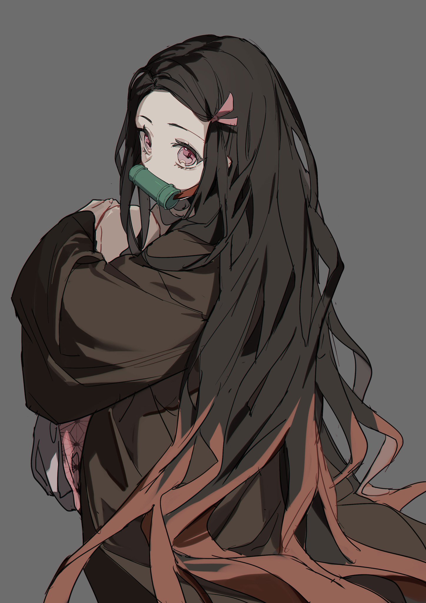 the image is an animestyle illustration of nezuko kamado from the anime series demon slayer. she is depicted from the side, looking back over her shoulder. she has long, dark brown hair with orange tips, a pink ribbon in her hair, and pink eyes. she is wearing a brown kimono and has a bamboo muzzle in her mouth.