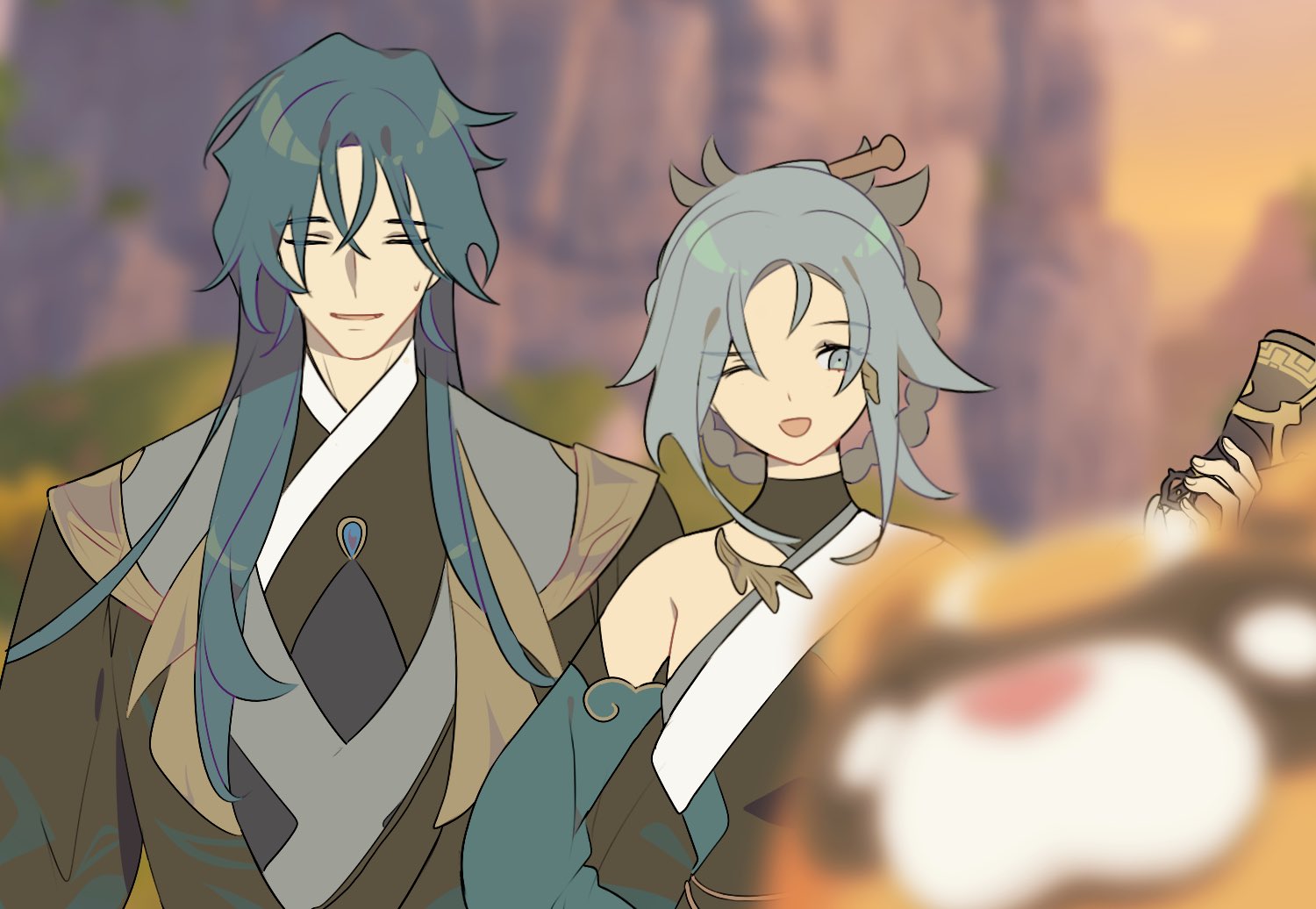 this is an anime style drawing of two characters, one male and one female.  the male character is dressed in an elegant green and brown robe. the female character is dressed in a white shirt with a grey and green sleeveless jacket.  the characters are standing close together, both smiling. the male character is looking at the female character and the female character is looking towards the camera. the image has a warm and fuzzy feeling.