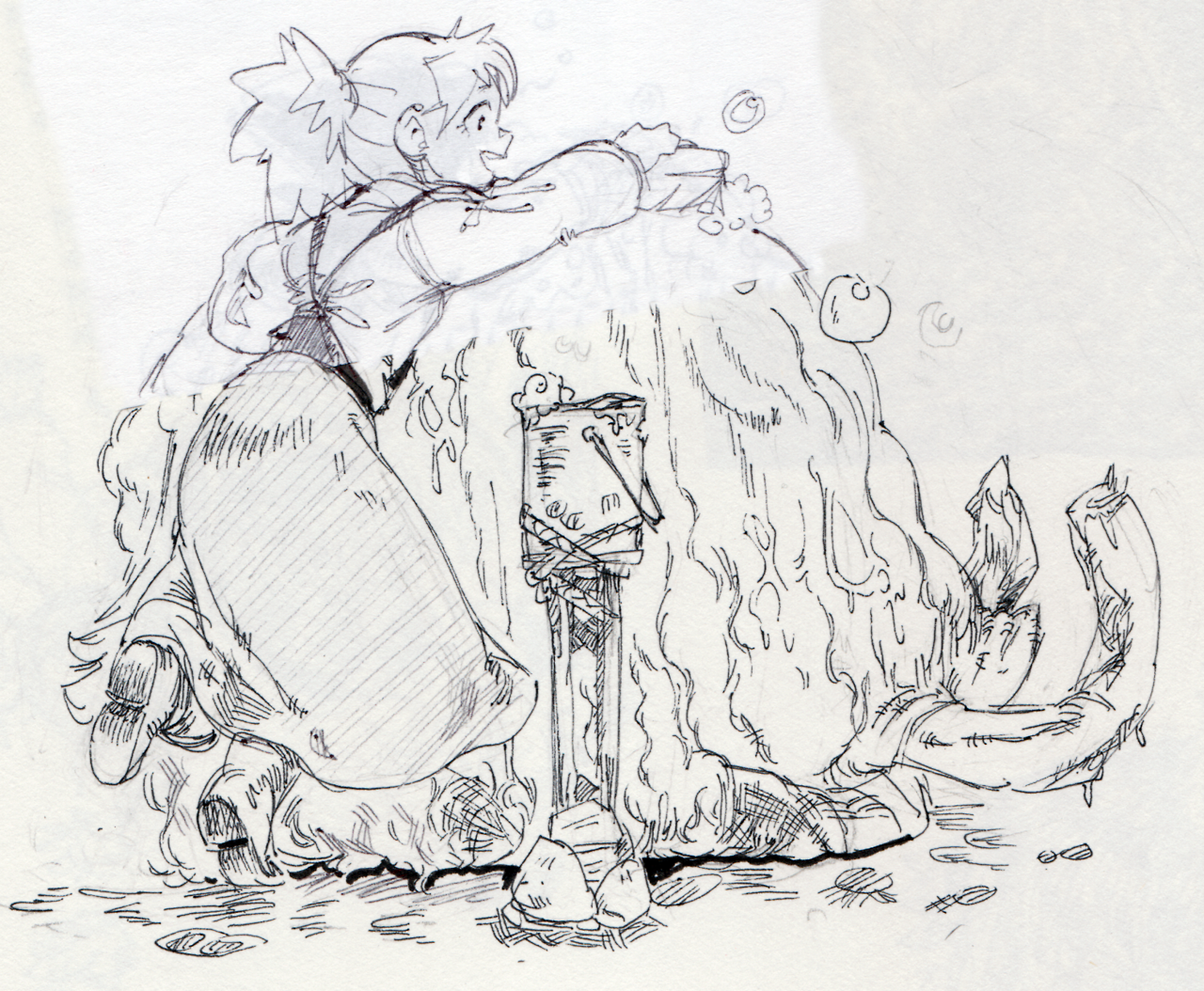 a black and white drawing of an anime girl standing on a large, furry, mythical creature. the girl appears to be a magical girl with a large skirt and a long ponytail. she is wearing a headband and has a sweet expression on her face. the creature is large and furry and resembles a wolf or a bear. it has a large head and big, floppy ears. there is a small bucket near the girl's feet and small floating objects above her head. the image is a whimsical and cute illustration done in a manga style.