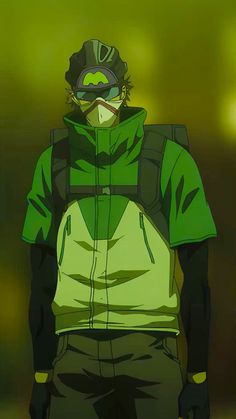 an anime character in a green jacket and black pants, wearing a backpack, hat, goggles, and mask, is standing in a forest. the lighting is backlit, creating a silhouette effect with muted colors.