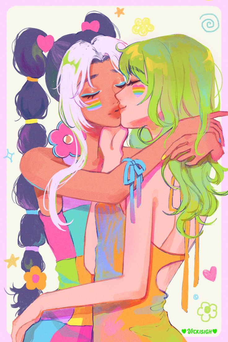 this is an illustration of two women in a relationship, a women with white hair and a women with