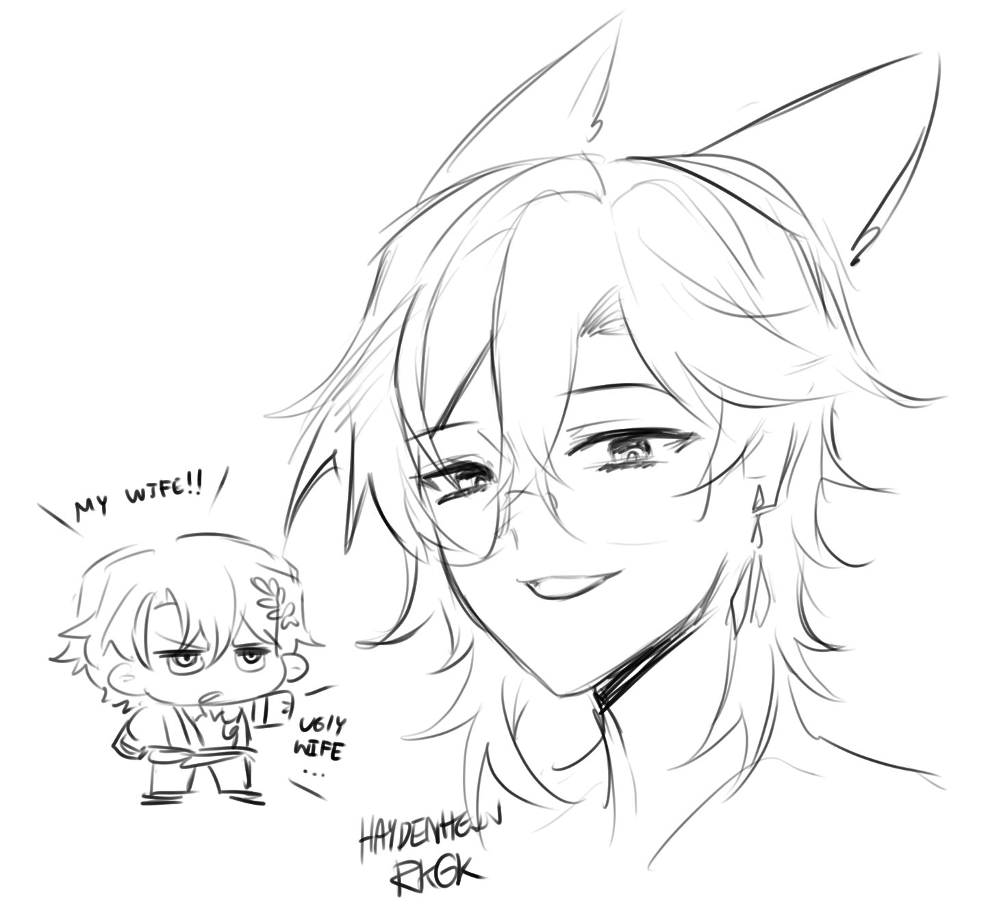 this is a digital drawing of two anime characters. one is a male character with cat ears and glasses. he is smiling while the other character, a male chibi, is frowning and looking at the first character with a caption "my wife!!". in the space between the two characters, there is another caption "ugly wife...". the drawing is in black and white. it is likely a humorous take on a relationship dynamic.