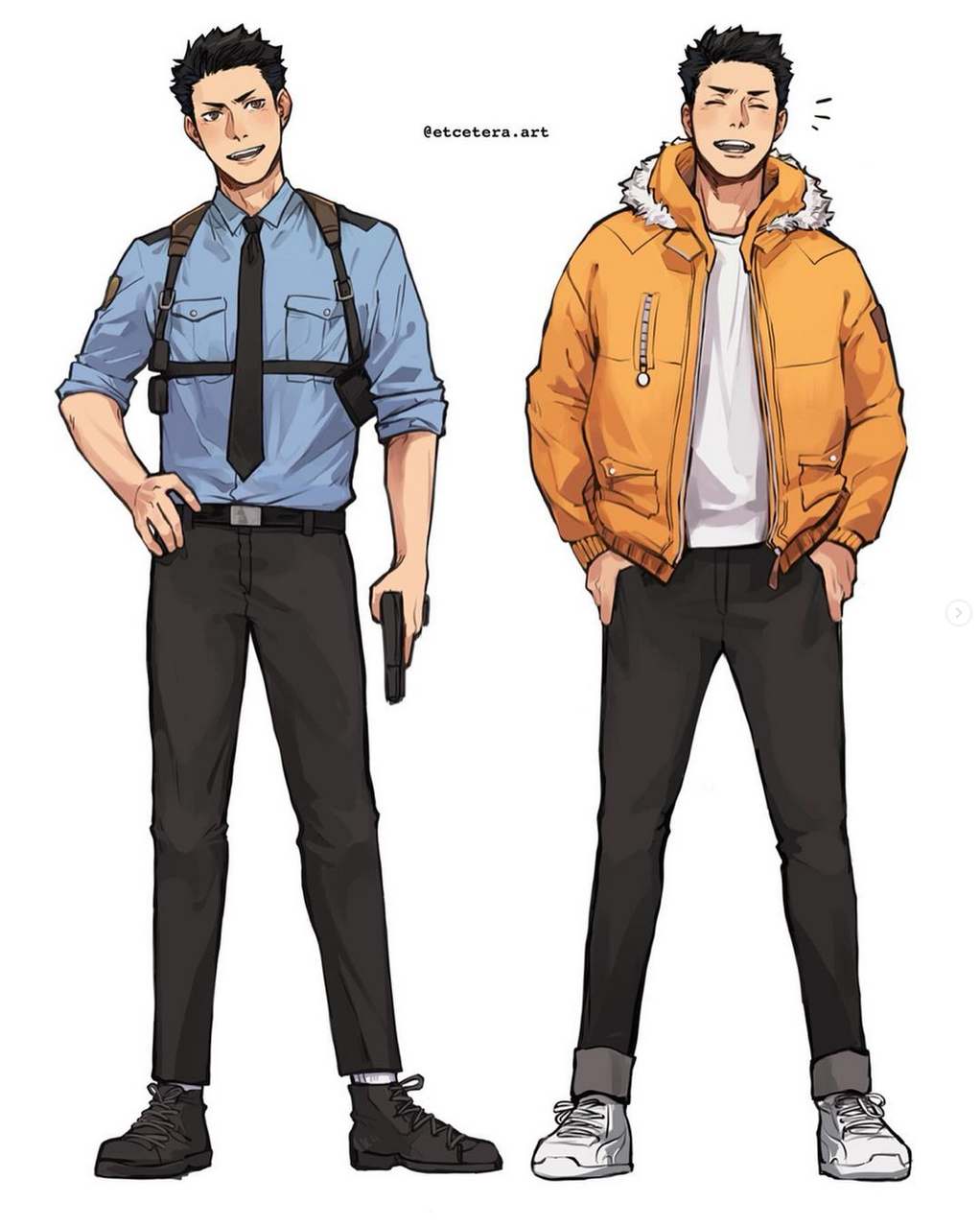 this image showcases a digital drawing of a man in two different outfits. he is positioned in the center of the frame against a white background. on the left, he wears a security guard uniform  a blue buttondown shirt, dark pants, a black tactical vest, and black boots. he holds a handgun in his right hand. on the right, he is dressed in casual attire: a white tshirt, a yellow puffer jacket, black jeans, and white sneakers. both outfits highlight his fit physique and friendly, approachable demeanor.