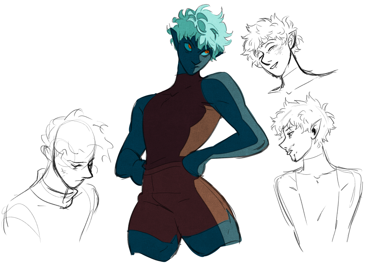 a character design page of a darkskinned elf with blue hair wearing athletic wear. the page includes a fullbody illustration in color and three smaller headshots exploring different expressions and angles.