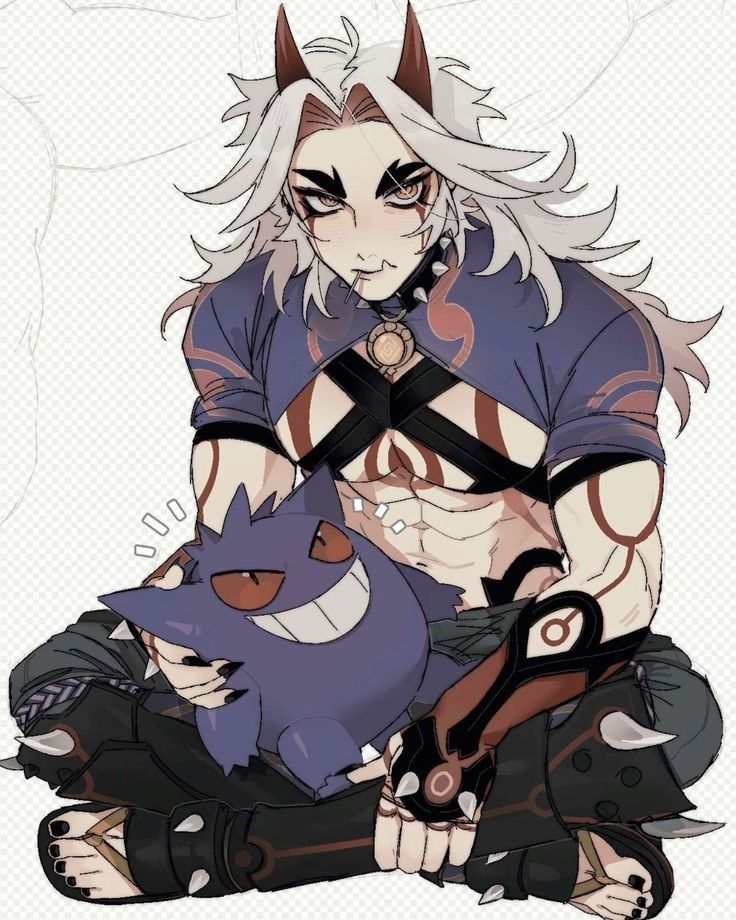 he image is a digital drawing of an animestyle male character with white hair, horns, and muscular build. he's wearing a darkcolored outfit with armorlike elements, and has various tattoos and body markings. he's sitting crosslegged and holding a gengar pokémon. the art style is dark and gothic, with a focus on detail in the character's anatomy and clothing.