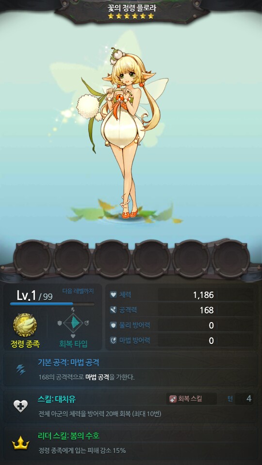 this is a screen grab from a mobile rpg game. the image shows the character 'flower fairy' in a white dress. the character's stats, skills, and leader skill are displayed.