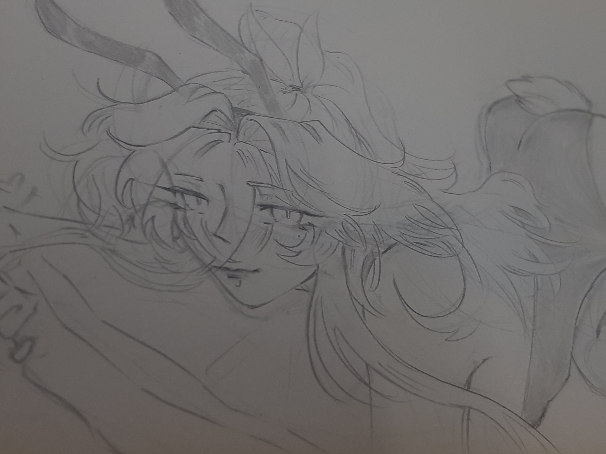 a pencil drawing of an anime girl with long hair, wings, and a bow. she has a soft, delicate look and appears to be a magical creature.