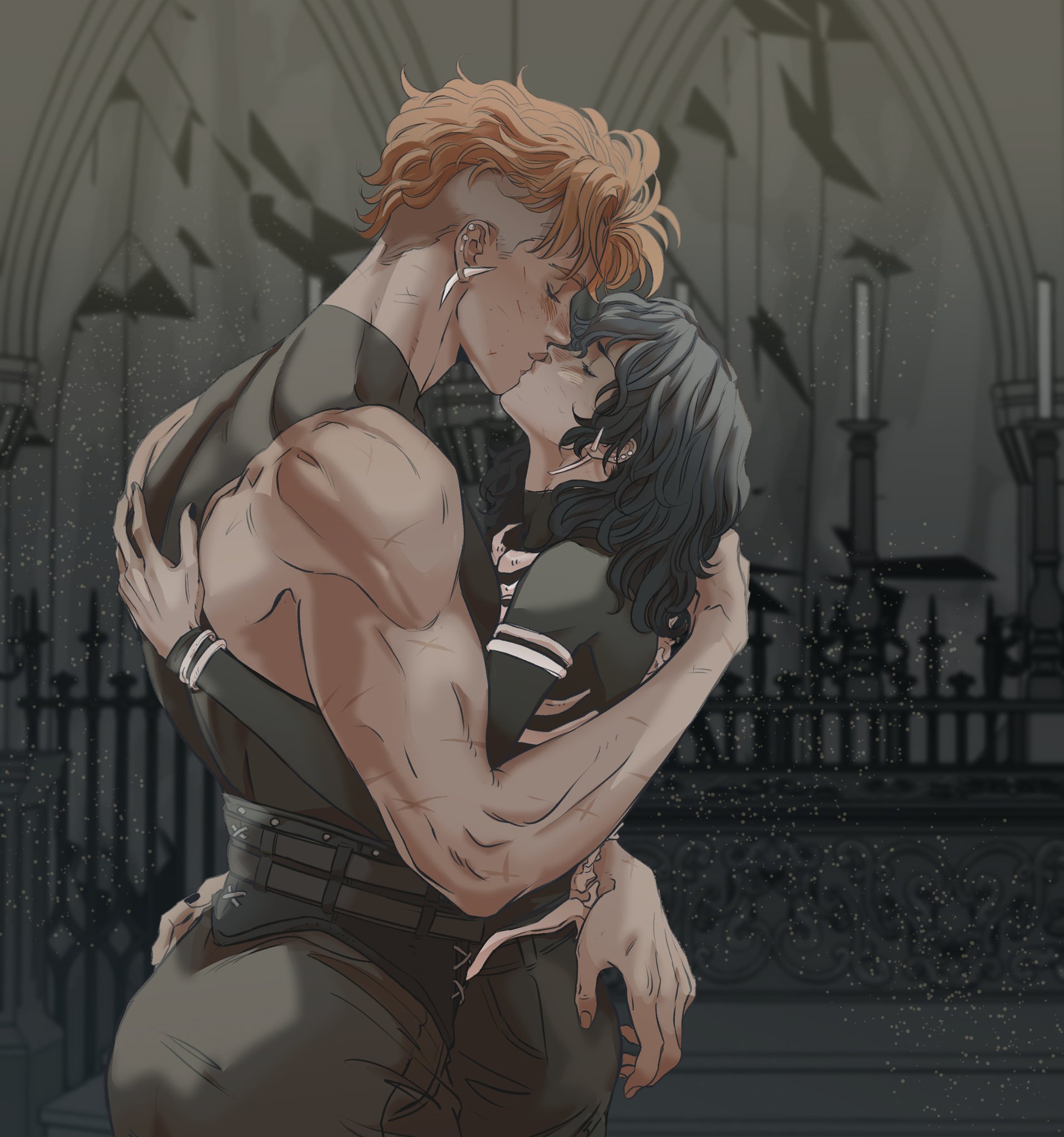 a digital drawing features a romantic scene of a man and a woman kissing in what appears to be an old church. the man is very muscular with orange, punkstyle hair and is wearing a black tank top and a belt. he is holding the woman close. the woman has short, dark hair and is wearing a skeleton shirt with white stripes on the sleeves. both figures have striking earrings. candles are visible in the background, contributing to the intimate and slightly gothic atmosphere of the image. the style is stylized with a focus on detailed character design.