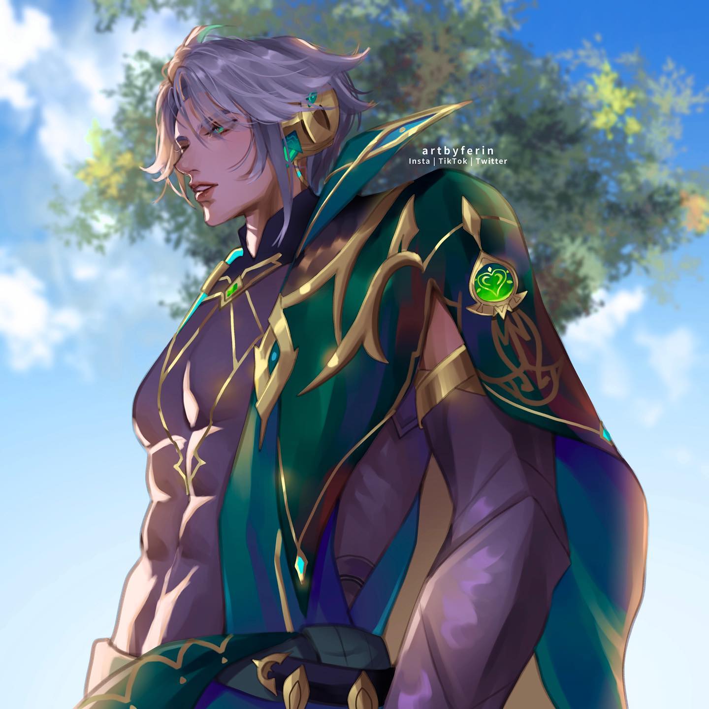 the image is a digital painting of a male anime character. he is depicted from the shoulders up, turned slightly to the side, and looking off to the viewer's left. he has long silver hair, fair skin, and is wearing an elaborate, ornate outfit with shades of green and purple.  the clothing is detailed, with golden accents and a flowing cape. the character has a muscular physique, which is slightly visible underneath the clothing. the background is outoffocus, but depicts a blue sky with trees and clouds, suggesting an outdoor setting.  the artist's signature "artbyferin" is visible in the upper right corner, with social media links.  the overall style is detailed and stylized with a focus on the character's appearance and attire. the lighting and color choices emphasize the character's features and the richness of the clothing.