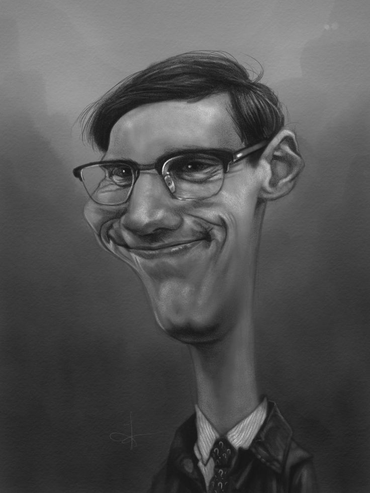 a grayscale caricature of a man with dark hair and eyeglasses. he is smiling and wearing a dress shirt, necktie, and suit jacket. his neck is long and exaggerated.