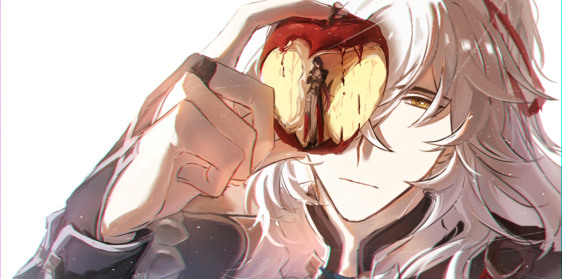 a male anime character with long, flowing white hair and one red eye is holding a red apple in front of his face, obscuring his other eye. the apple is bitten into, and the inside is visible, with a small figure of another person trapped inside the apple. the character is smiling and looks mysterious. the background is white and blurred, creating a sense of depth and focus on the character. the overall style of the image is anime/manga, with a dark and edgy aesthetic.