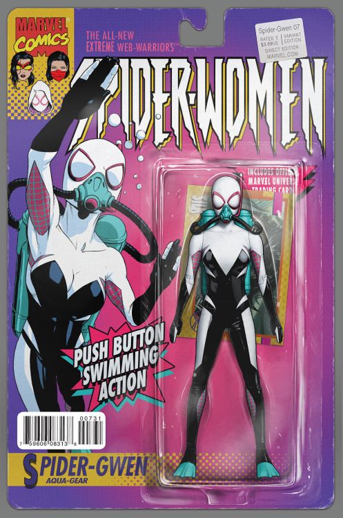the image is a closeup of a spidergwen action figure packaged in a blister pack. the figure is in a white and black suit with blue and green accents. the figure is holding a scuba mask. the packaging is pink and yellow with the marvel comics logo and the title "spidergwen." the back of the package features a description of the figure and includes a trading card.