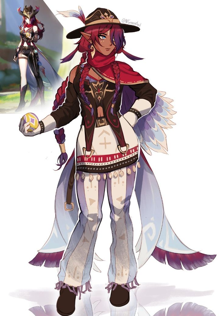 he image is a digital painting of a female character, seemingly fanart from the video game genshin impact. the character is designed with a western/cowboy theme, wearing a widebrimmed hat, a red scarf, and a detailed outfit incorporating feathers and other accessories. her hair is a mix of red and purple, styled in long braids. she holds a small, glowing orb in one hand. in the background, a smaller image of a similar character in a different pose is visible, suggesting a possible original character design she's based upon. the art style is vibrant and detailed, characteristic of modern digital painting. the overall impression is a unique and stylized character design blending fantasy elements with a cowboy aesthetic.