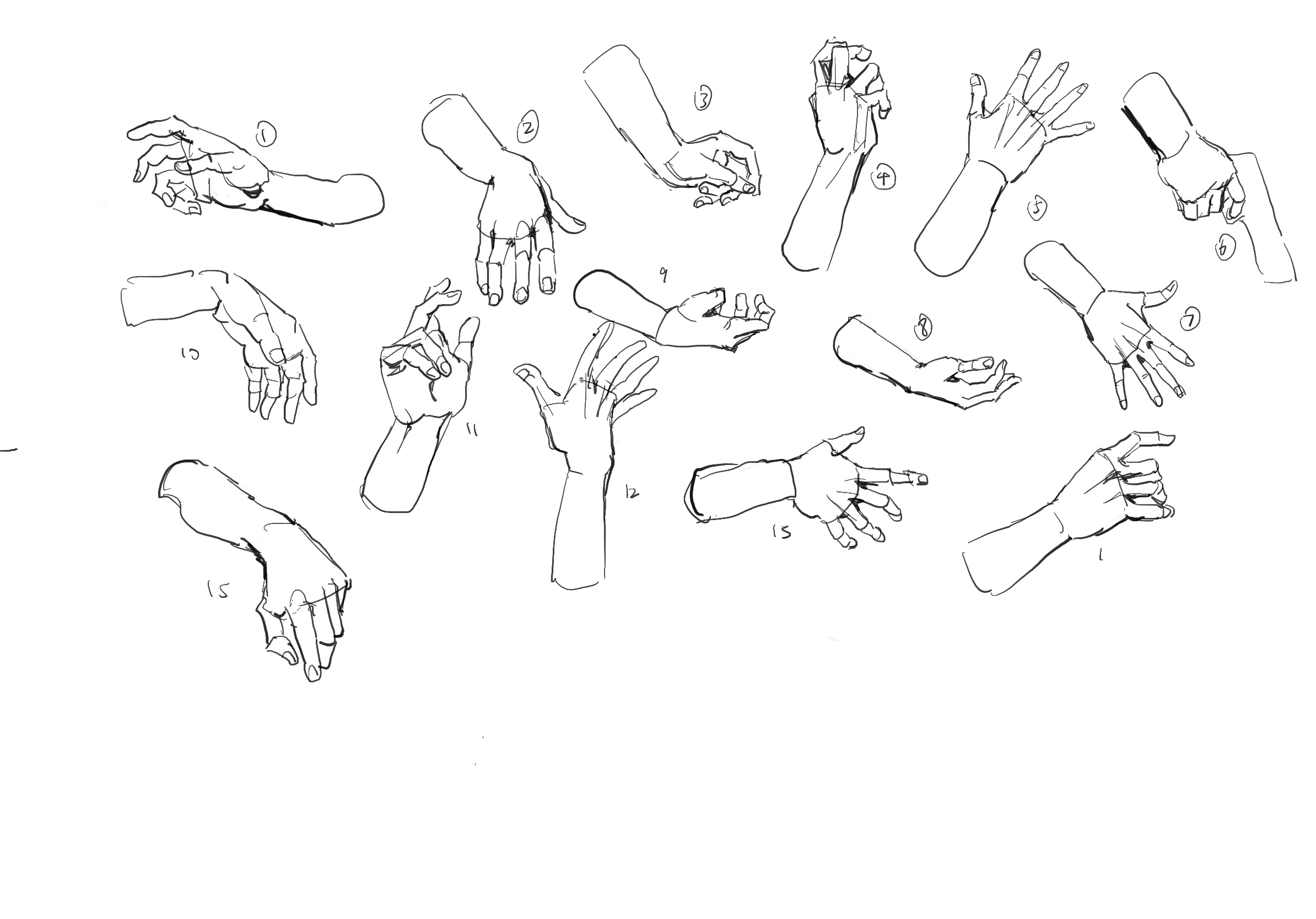 this appears to be a page from an artist's sketchbook. it is a collection of quick hand studies done in black and white media, likely pen or marker. the hands are drawn from various angles and in different positions to capture different gestures.