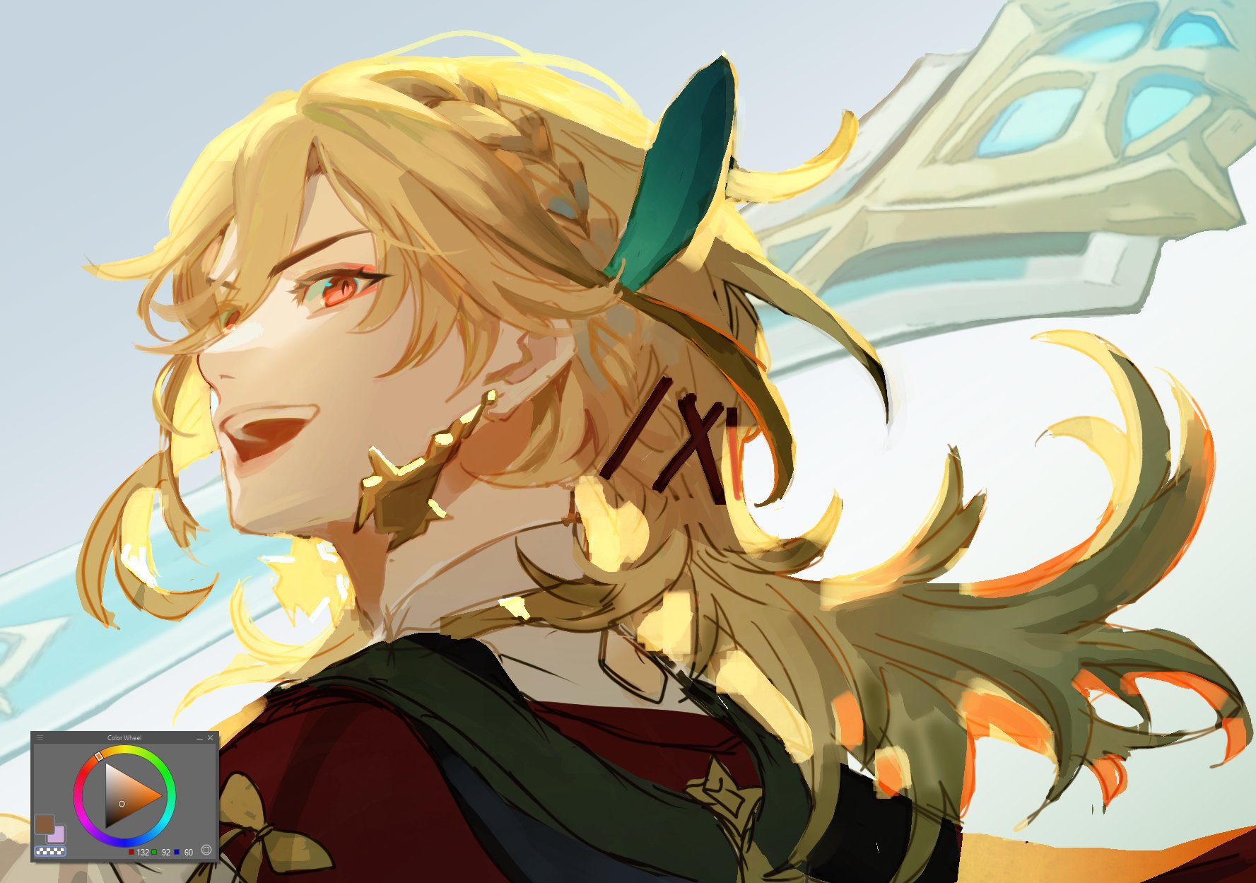 an animestyle illustration of a male character with blond hair and a green eye, holding a sword and smiling. the character is drawn in a bright and colorful style, with the background being white and blue. the image is likely a drawing or painting, and it's likely from a video game.