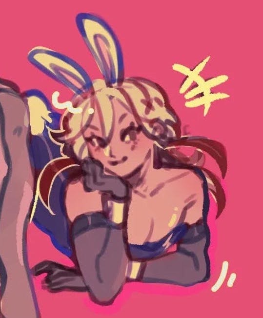 the image is a digital drawing or painting of an animestyle female character. she's depicted with blonde hair,  bunny ears, and a darkcolored dress that looks like a bodysuit or leotard with some gold detailing. she is wearing dark gloves. the character has a cheerful, almost coy expression and is posed with one hand resting on her chin. the background is a solid, bright pink.  the style is reminiscent of character art found in anime or manga, with a loose, painterly digital style. a stylized yellow kanjilike character is near her head.  a portion of another figure is visible to the left.
