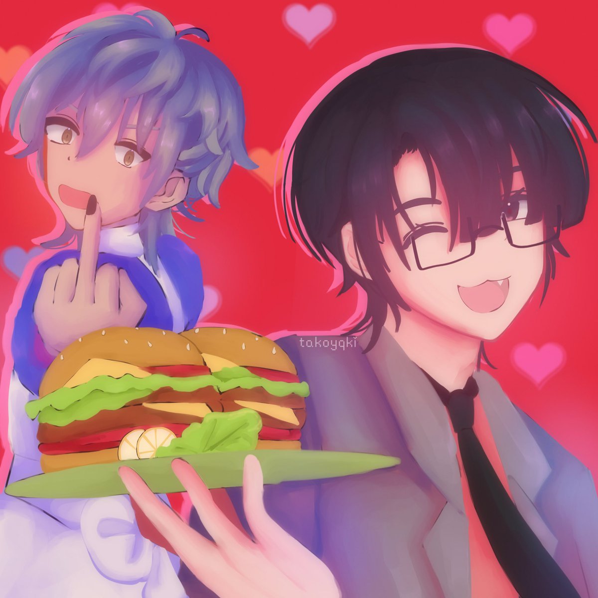 this digital drawing shows two animestyle characters. one is a boy with short, light blue hair who is giving the middle finger while the other character is a boy with black hair and glasses holding a plate with a large double cheeseburger. both are smiling playfully. the background is red with pink hearts.  the style is bright and vibrant, suggesting a playful or romantic theme. the overall impression is lighthearted and fun.