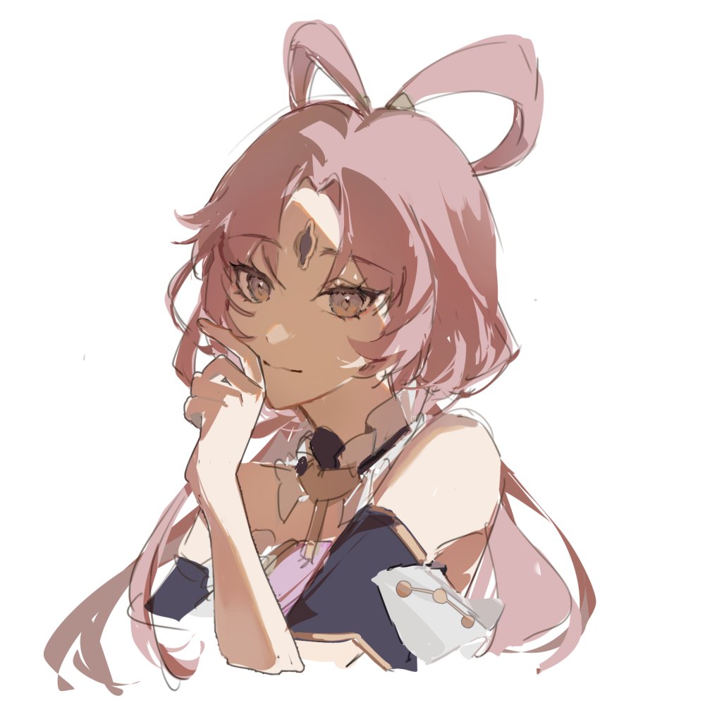 a close up anime style illustration of a woman with long pink hair smiling and looking away from the viewer. she has brown eyes and is wearing a white shirt and a blue and gold vest. the background is a white canvas.