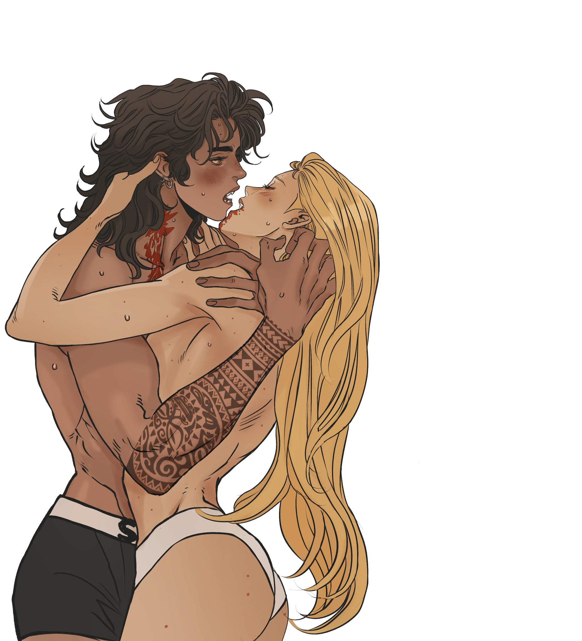 an illustration of a couple embracing and kissing. the figures are shirtless. the figure on the left has dark hair and blood on their chest and face, indicating they might be a vampire. the figure on the right has long blonde hair and a hand tattooed arm around them. they both appear to be wearing swimwear or underwear. the image conveys intimacy and a possible vampire theme.