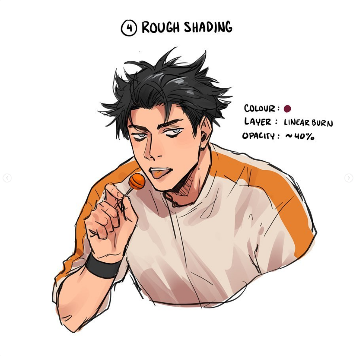 a digital illustration of a young man with dark hair and a lollipop in his mouth. the illustration is a tutorial on rough shading using a linear burn layer set to 40% opacity. the image showcases the stepbystep process of adding shadows and depth to the character's face and clothing using a warm gray color.