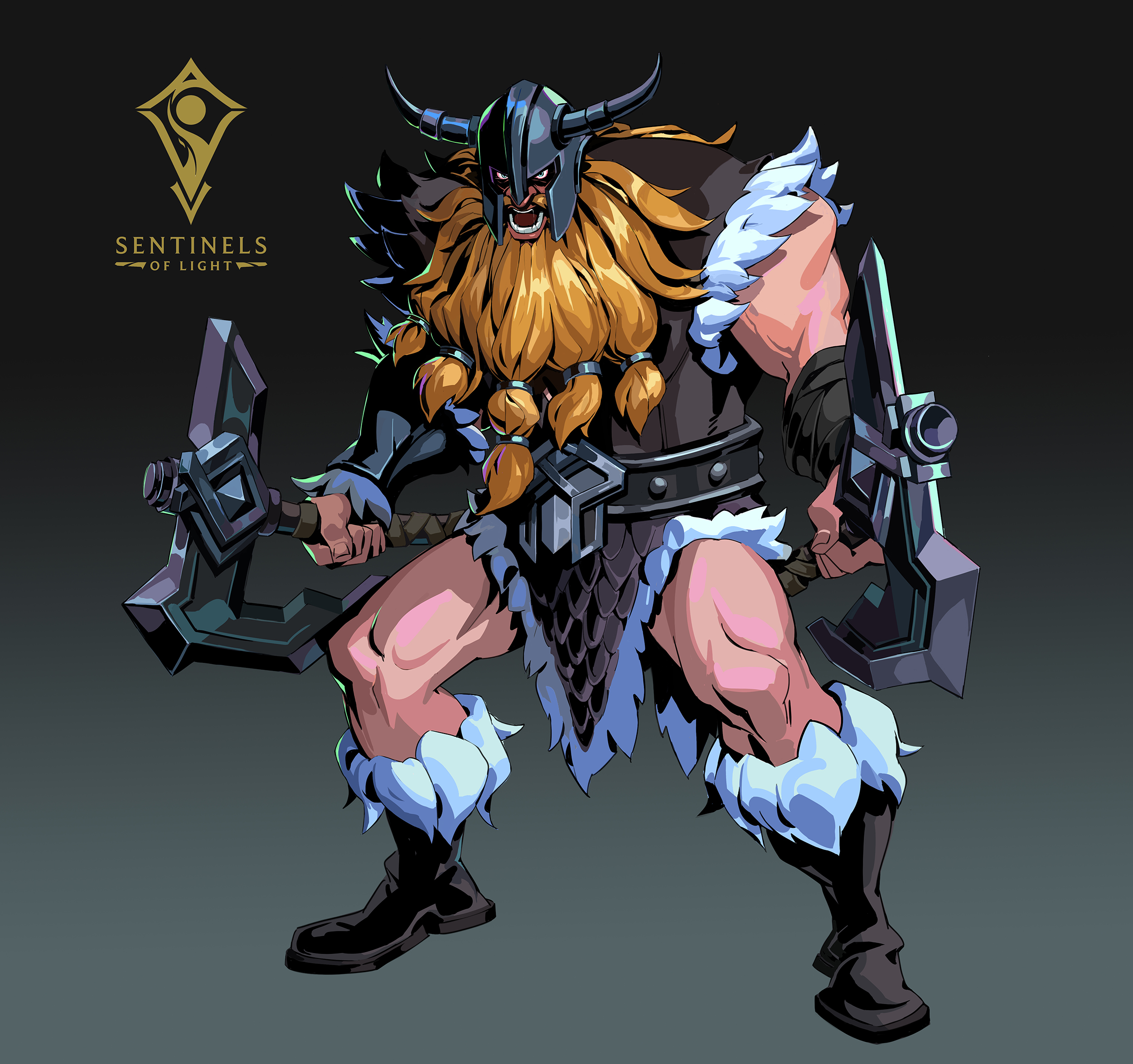 this is a digital illustration of a powerful, muscular warrior character from the "sentinels of light" event in the video game league of legends.  the character has a viking or barbarian aesthetic, complete with a horned helmet, long orange beard, and furtrimmed clothing.  he wields a large axe and shield, appearing fierce and ready for battle. the art style is stylized and vibrant, emphasizing the character's strength and personality. the "sentinels of light" logo is visible in the upper left corner.