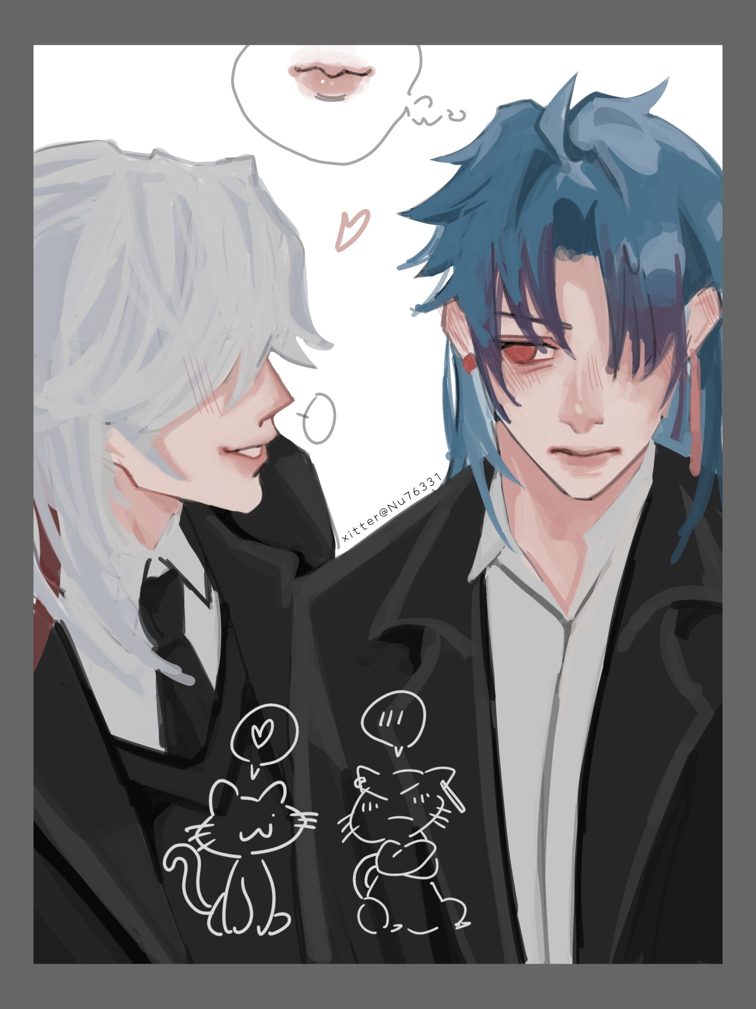 the image is an anime style drawing of two young men. one has white hair and the other has blue hair. they are both wearing black suits. the man with white hair is on the left, while the man with blue hair is on the right. the whitehaired man is blushing, and the bluehaired man seems to be looking at him. there are hearts and a cat drawn in the air between them. there are also two cats drawn on the men's suits.  the man with blue hair has a cat with an angry face drawn on his suit, and the man with white hair has a sweet looking cat drawn on his suit. they are both smiling at each other.