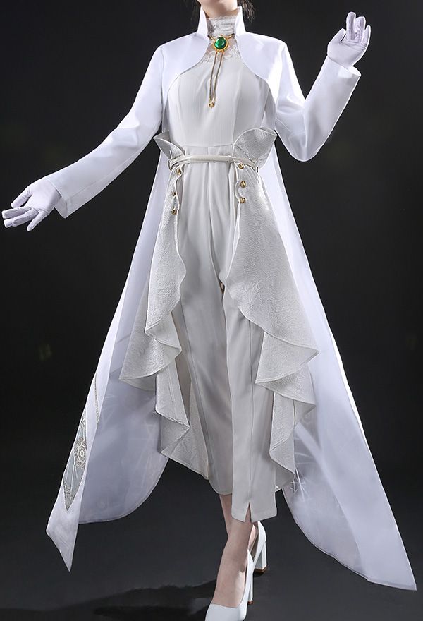 a fullbody studio shot of a female model wearing a white cosplay costume. the costume consists of a long, elegant coat with ruffles at the back and gold buttons. underneath, she wears a white pantsuit with a high collar. she accessorizes with long white gloves, high heels, and a green gemstone necklace. the background is black.