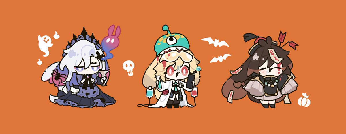 this image is fanart of three genshin impact characters dressed up for halloween in chibi style.  on the left is a vampirelike raiden shogun in a dark dress, holding a goblet. in the center is klee dressed as a mad scientist, holding a blood bag and a phone. on the right is albedo with a slightly mischievous expression. the background is a solid orange.  various halloween elements like ghosts, bats, and a pumpkin are included in the design. the overall style is playful and cute.