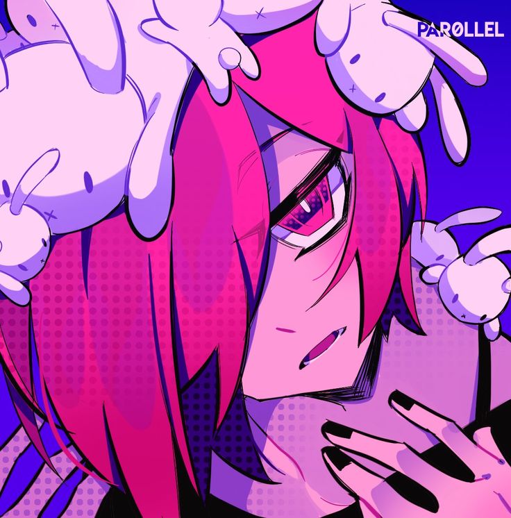 a pink haired anime girl with black nail polish and bunny ears. her face is in the center of the image and the viewer can see the front side of her face. she looks into the viewer's eyes with her red eye showing her intensity. she appears in the center of the image, with a dark purpleblue background and a light purplewhite bunny ear background.