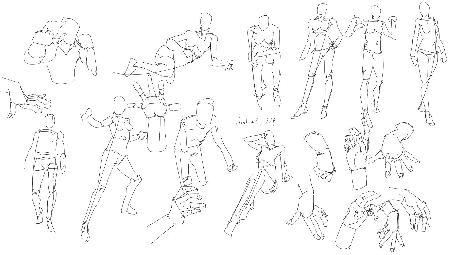 a page of sketches showing various human figure poses and body parts in different perspectives. the sketches appear to be practice work focusing on anatomy and gesture.