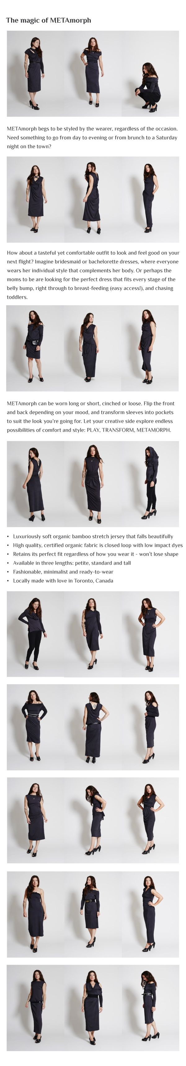 the image shows a set of photos featuring a woman modeling a dark dress. she is shown in various poses against a white background, with multiple shots showcasing different styles and lengths of the dress. the overall presentation appears to be for fashion or retail purposes, highlighting the versatility of the garment. the image also contains text describing the dress and its features, like organic bamboo and various lengths.