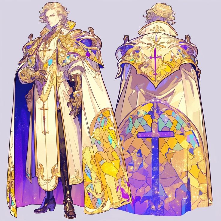 this illustration shows a male anime character in a priest's robe. he has blonde hair,  blue eyes, and is wearing a long white robe with gold trim. the robe features a stained glass design, including a cross, in the back. the image shows the character from the front and back views.