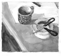 the image is a black and white sketch of a still life. it depicts a mug, a roll of tape with a pair of scissors resting on top, and a pencil on a table. the scene is lit with soft natural light, likely from a window off to the side. the perspective is slightly from above, giving a view of the objects on the table.