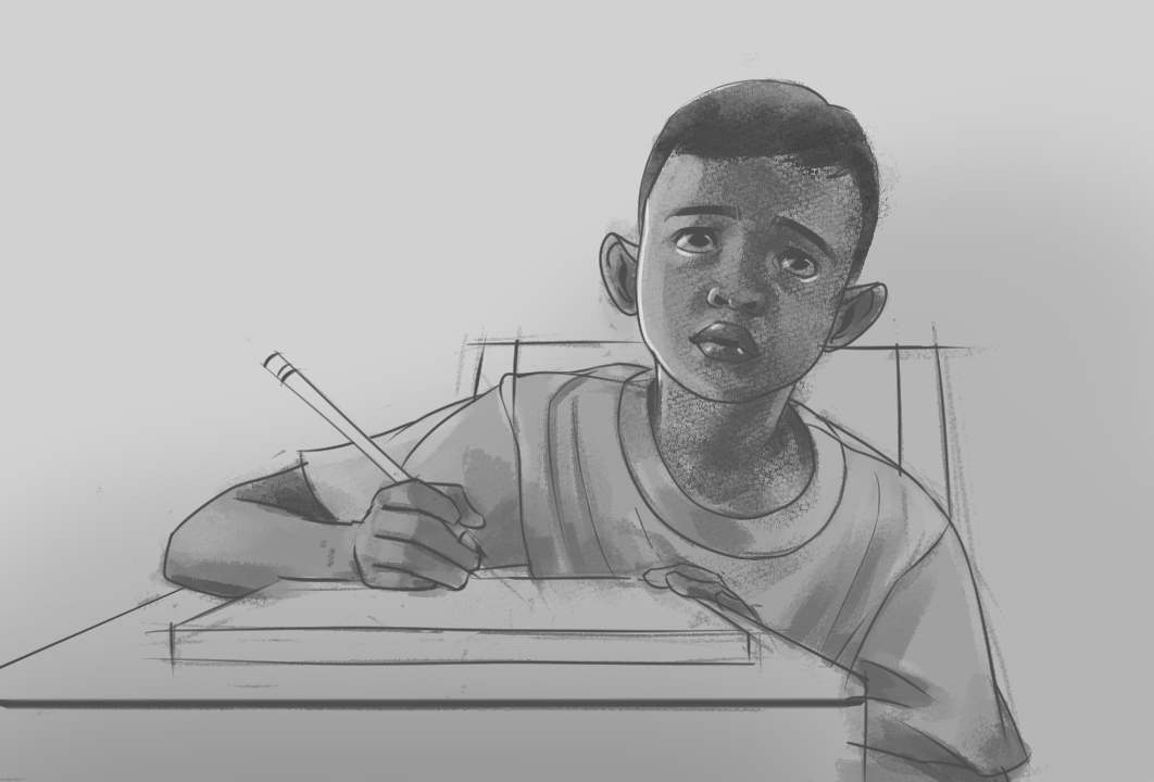 a young boy, likely of african descent, sits at a table in a classroom setting. he is intently drawing or writing on a piece of paper with a pencil. his expression is focused and thoughtful, suggesting he is immersed in his work. the image captures a moment of quiet learning and concentration.