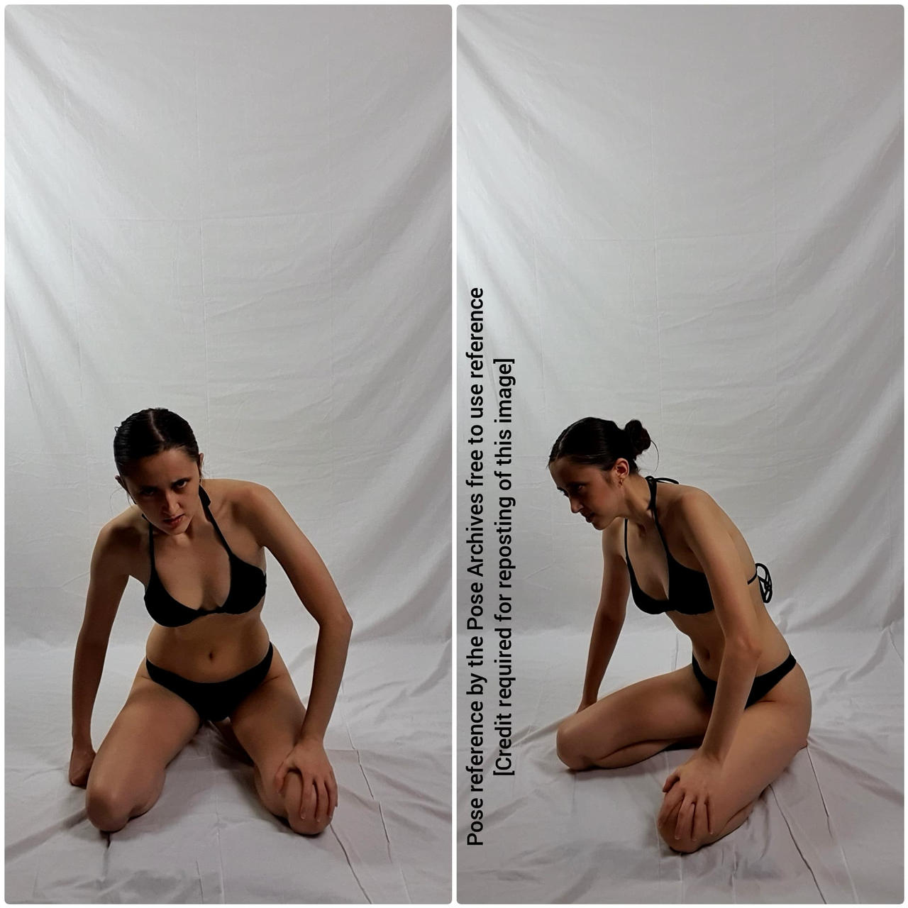 the image shows a young woman in a black bikini kneeling on a white background. she is shown in two different poses, both from the front. the image appears to be a pose reference for artists.