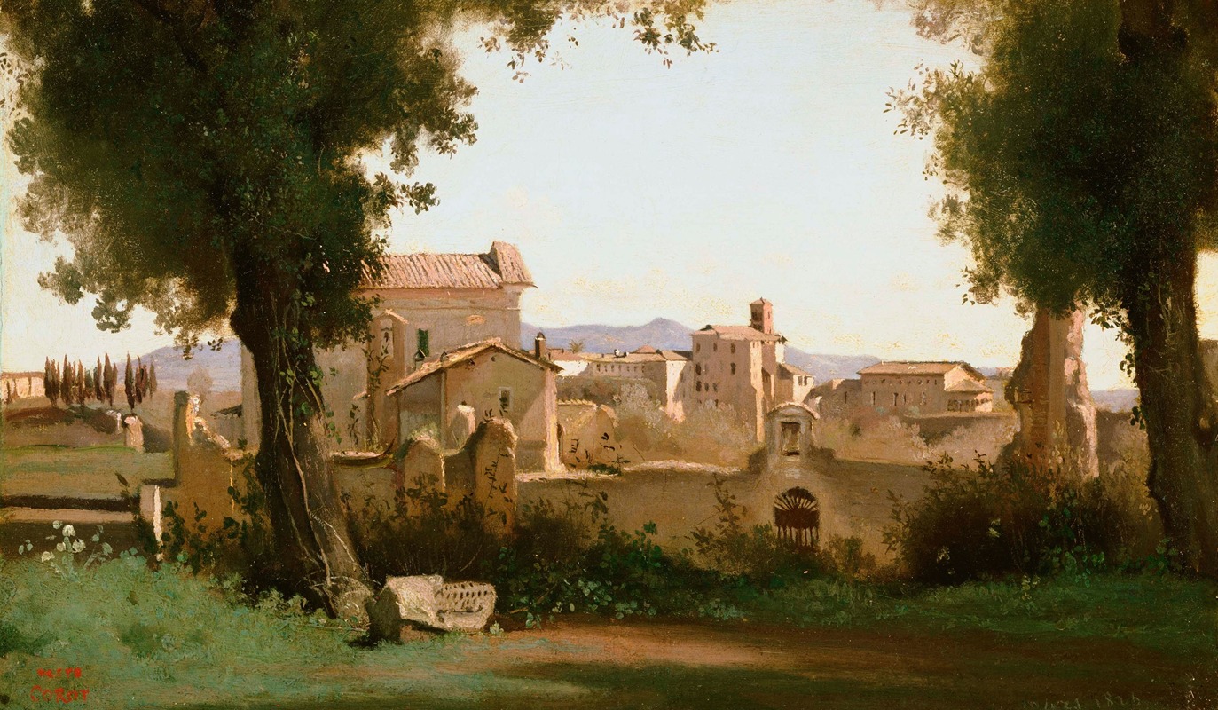 the image is an oil painting depicting a landscape with several buildings, trees, and ruins in a countryside setting. the buildings are varying in size and design, and they are constructed of lightcolored materials. a partially ruined wall stretches across the composition, with a gate in the center. vegetation, including trees and shrubs, is plentiful, and the sky is clear and bright. the painting exhibits a warm color palette and captures the play of light and shadow.