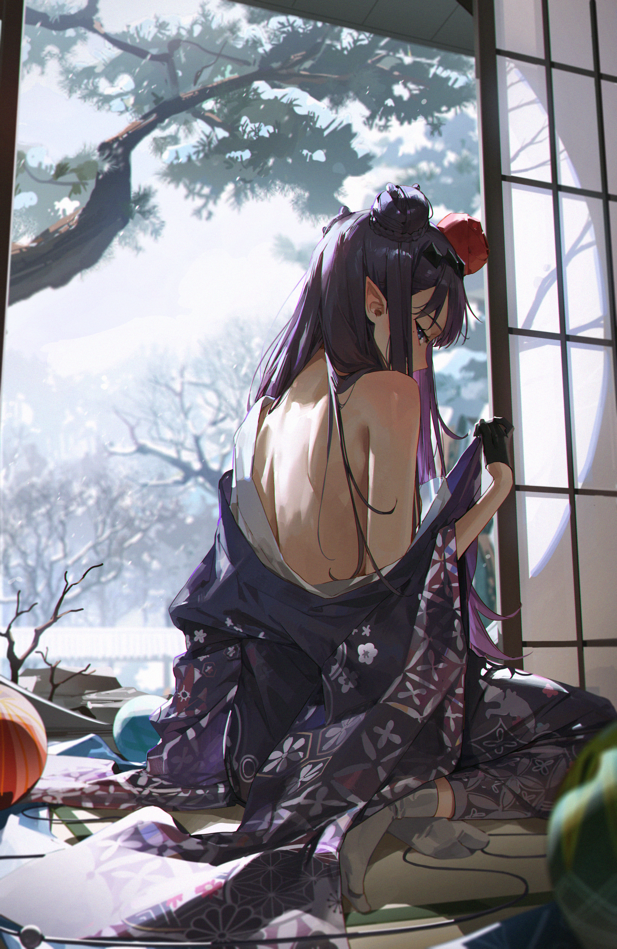 he image depicts an anime girl with long purple hair, seated on the floor near a window. she is wearing a partially untied dark purple kimono with lightcolored floral patterns, revealing her bare back. the setting appears to be a japanesestyle room, with a traditional wooden window frame and shoji screens. outside the window, a snowy winter scene with trees is visible. the overall mood is serene and peaceful. the art style is detailed and highly polished, typical of digital artwork found on platforms such as artstation.  the girl’s posture and expression suggest a moment of quiet contemplation or relaxation.