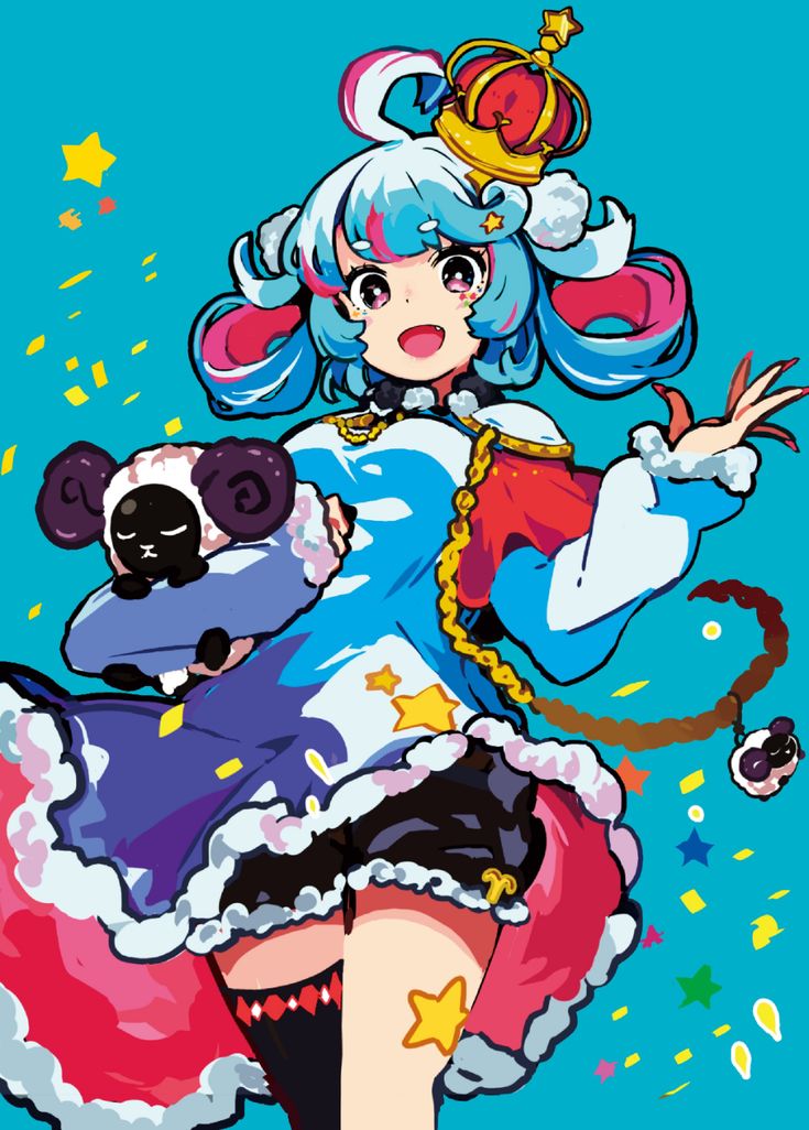 the image is a colorful and whimsical anime illustration of a young girl wearing a blue and red dress with a crown and a sheep. the girl has long blue hair with pink streaks and large, expressive eyes. she is smiling widely and holding a small sheep in her arms. the background is a bright blue with confetti and stars scattered around. the overall tone of the image is happy, playful, and energetic.