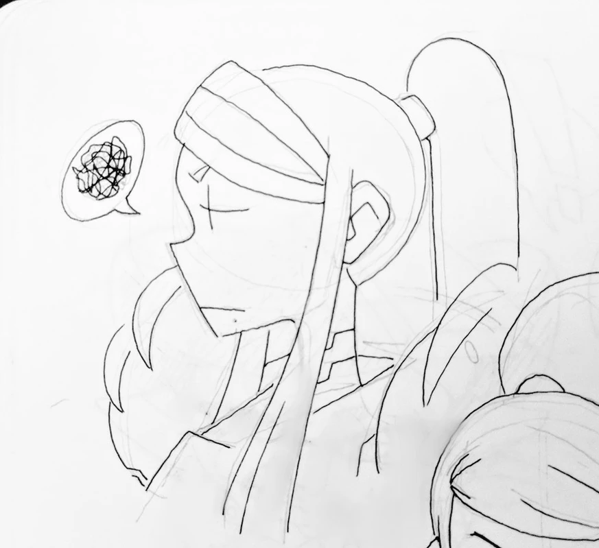 a drawing of a young anime girl with her hair pulled back in a ponytail. she has a thought bubble above her head with a squiggly line in it, indicating that she is thinking or worried about something. she has a sad or concerned expression on her face. the drawing is done in black and white line art.