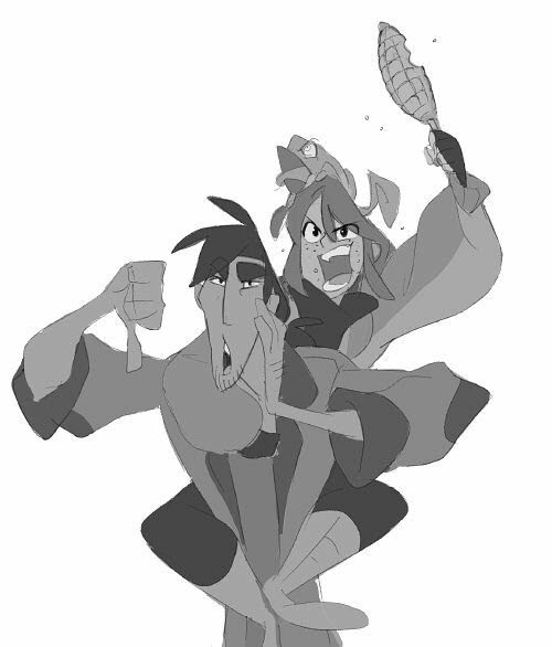 a black and white sketch of two characters, one man and one woman. the man is dressed in a long coat and is holding his hand up in a gesture of defense. the woman is wearing a more loosefitting outfit and is swinging a net over her head as she shouts. they appear to be in a humorous fight with the man trying to defend himself from the woman's weapon.