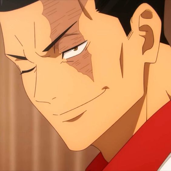 a closeup illustration of an adult anime male character with dark hair and a facial scar. he is smirking slightly with one eye closed and has a mischievous expression. the lighting is soft, and the overall color palette is warm. he's wearing a red and white collared shirt.