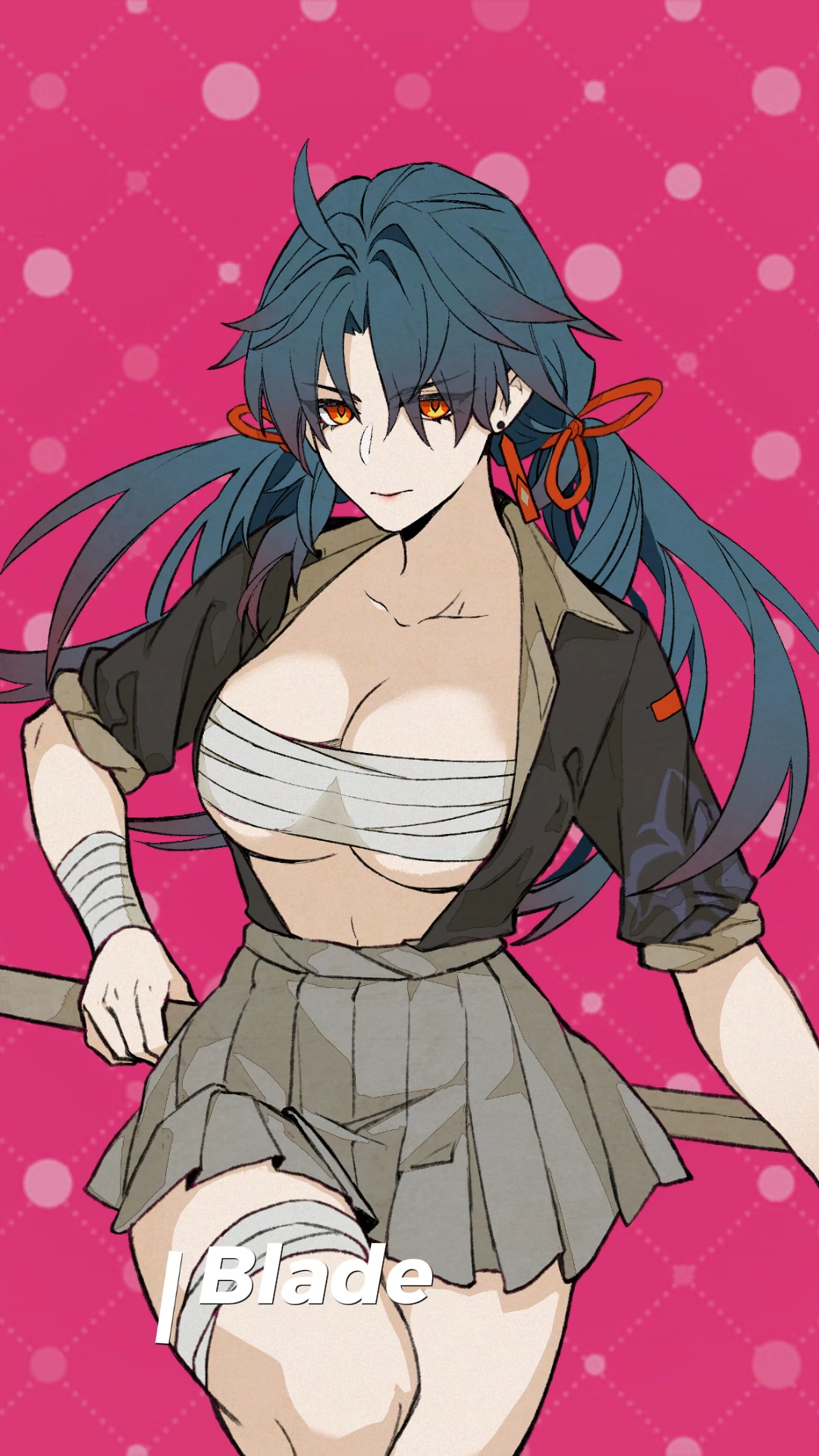 the image is a digital drawing or illustration of an animestyle female character. she has long, dark blue hair tied back with a red ribbon.  she's wearing a darkcolored, shortsleeved jacket, a pleated gray skirt, and bandages wrapped around her chest and upper legs. her expression is serious and confident. she appears to be holding a katana or similar type of sword. the background is a vibrant pink with a pattern of white dots. the text "|blade" is superimposed on the image.  the overall style is suggestive of a character design for a video game or anime.