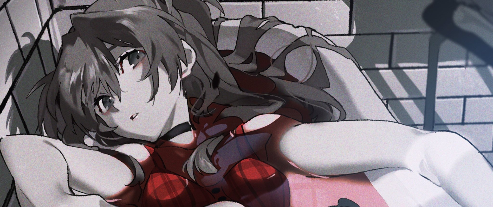 the image features a young woman with long brown hair, styled with a prominent ahoge (hair antenna), a common trait in anime. she is lying down in a bathtub, her body turned slightly away from the viewer. her expression is subdued, conveying a sense of melancholy or quiet contemplation. the overall color scheme is muted, utilizing grays and muted reds, further emphasizing the introspective mood.